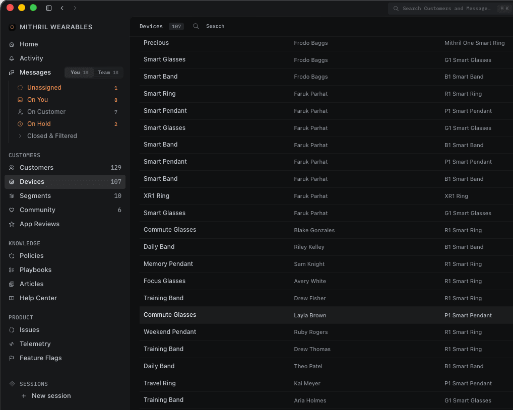 BTX desktop app showing customers and their connected devices in one workspace